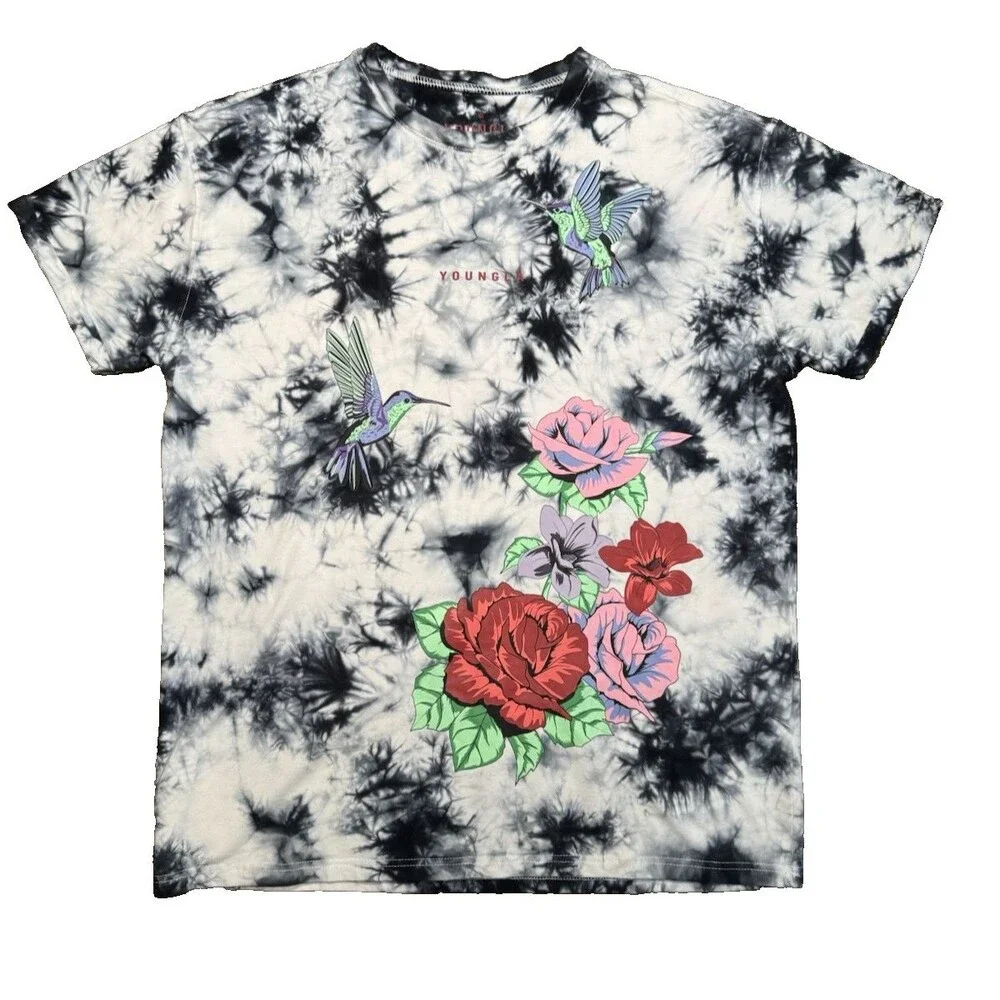 Youngla Shirt Mens Small Black White Tie-Dye Floral Hummingbird Short Sleeve - Picture 1 of 7